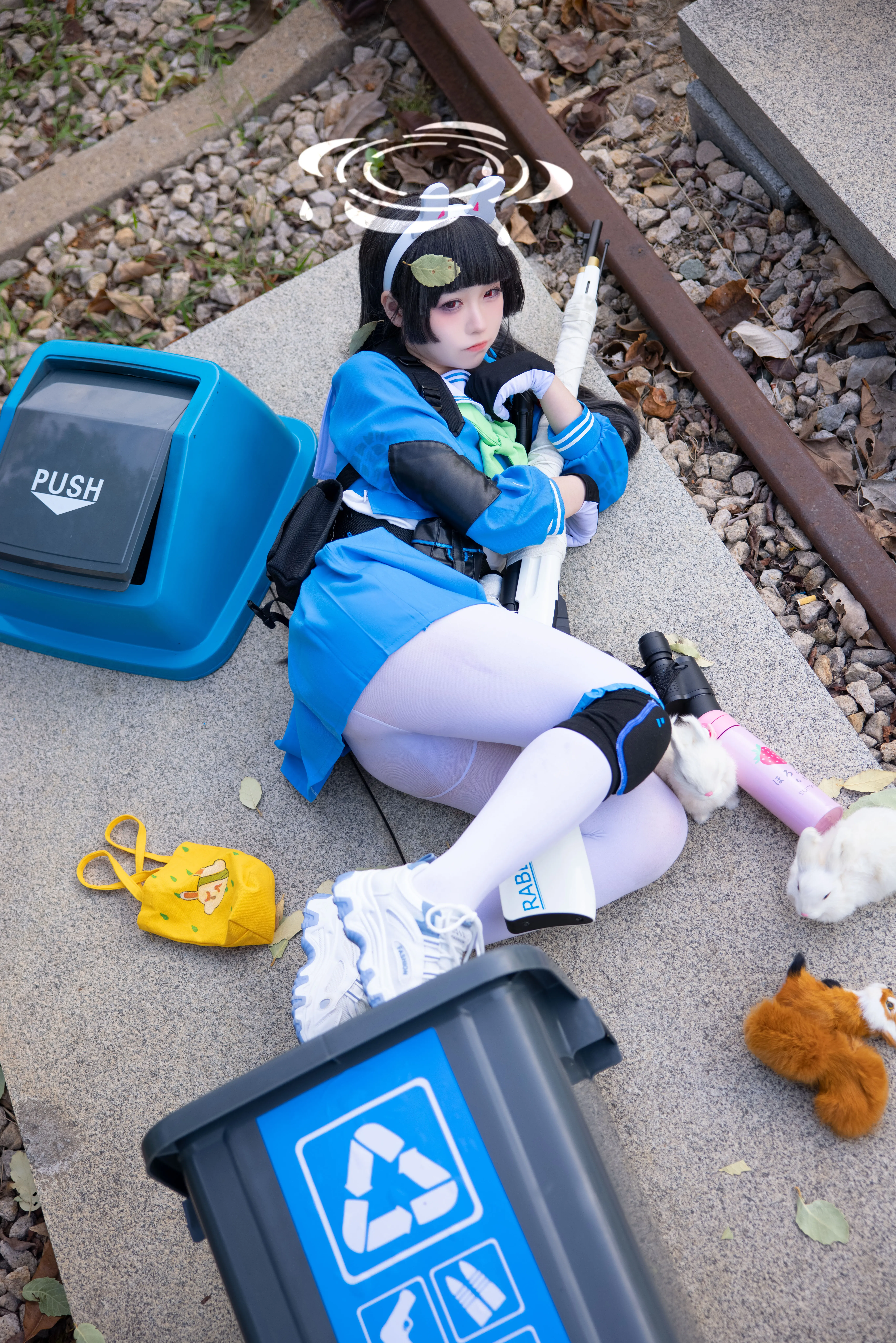 Full-body shot of G44's Kasumizawa Miyu cosplay with Blue Archive props