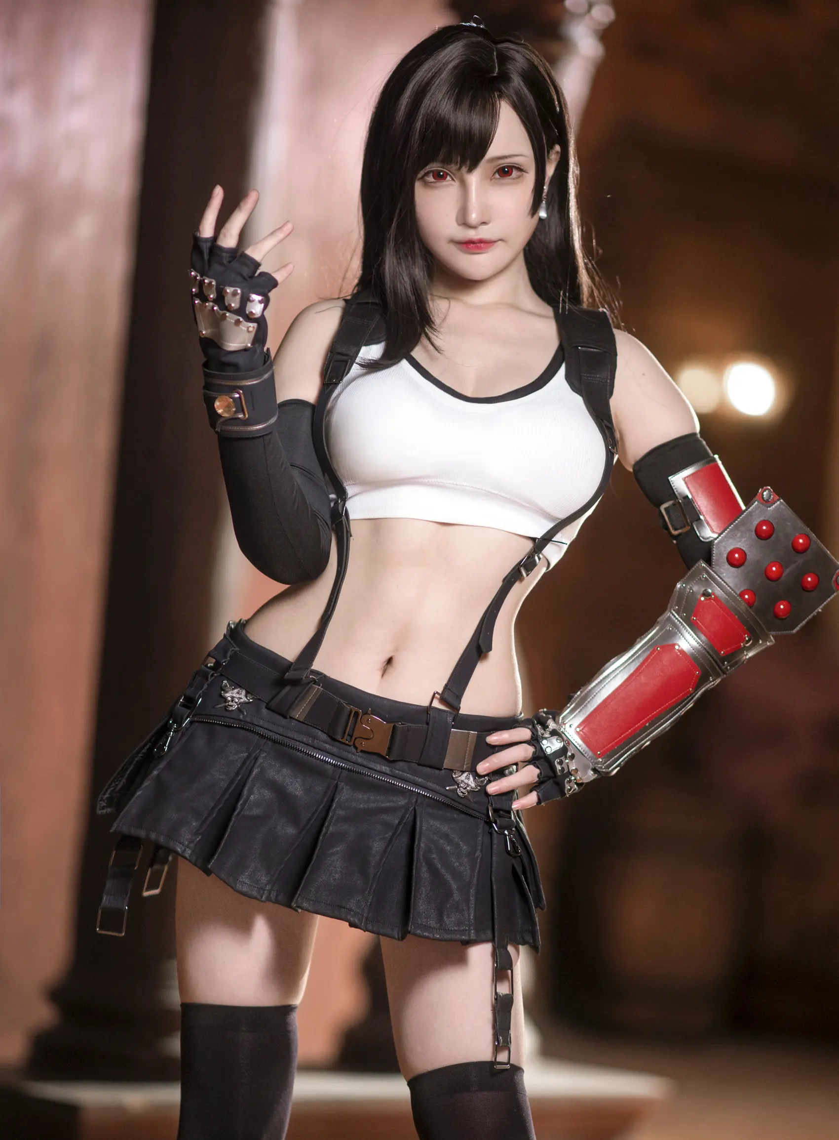Senya Miku posing as Tifa Lockhart with gloves and suspenders