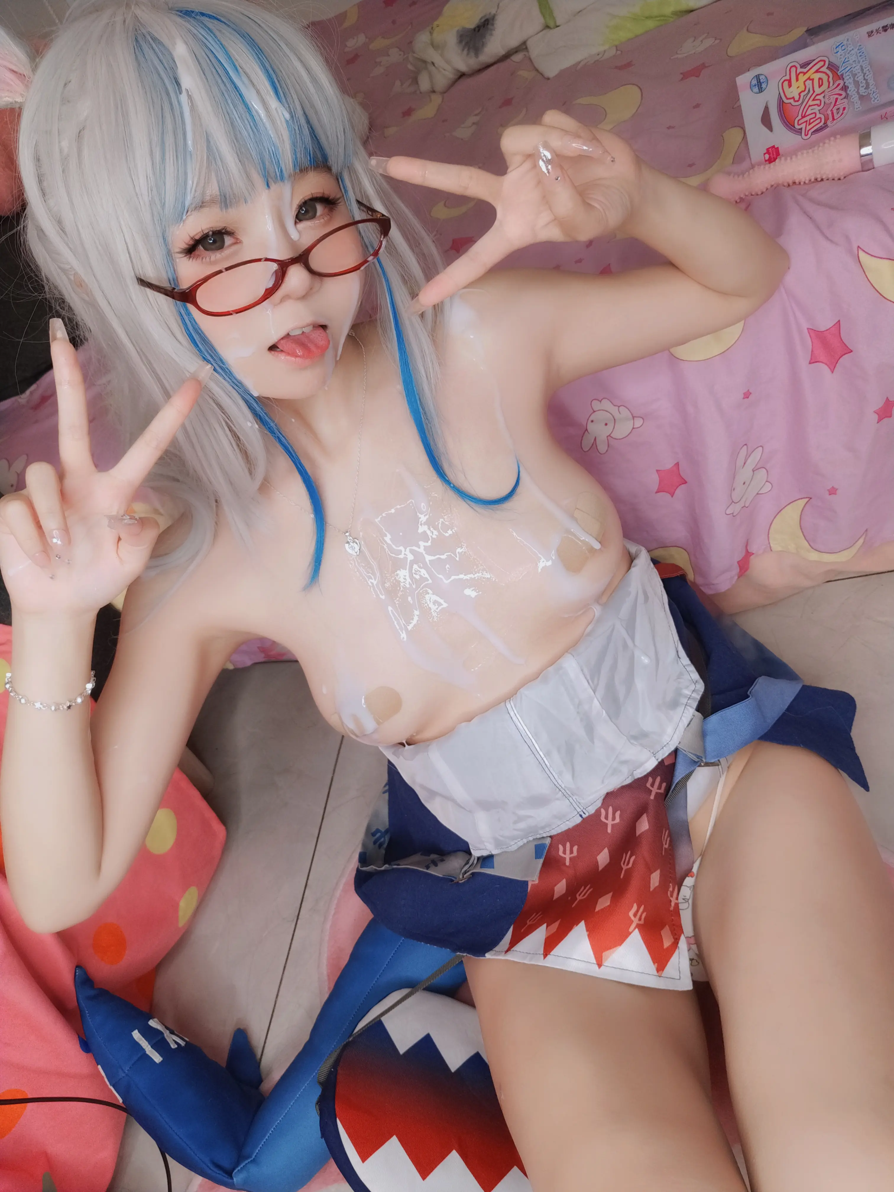Cute Gawr Gura expression cosplay close-up